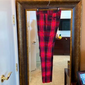 Red plaid tux trousers by Mr Turk